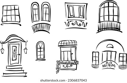 Hand drawn ink line art sketch set of old city house windows, balcony, door illustration element in vector for graphic design art work card banner poster. Freestyle architectural urban sketching style