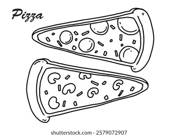 Hand drawn ink line art pizza slice. minimalist design, symbols, food, delicious, cute, coloring pages