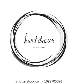 Hand drawn ink line circle or circular doodle sketches scribble. Black round frame isolated on white with place for text. Pencil art imitation