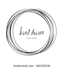 Hand drawn ink line circle or circular doodle sketches scribble. Black round frame isolated on white with place for text. Pencil art imitation