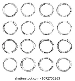 Hand drawn ink line circles vector illustration. Circular doodle sketches scribbles for round frames isolated on white with place for text. Pencil handwritten art imitation