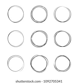 Hand drawn ink line circles vector illustration. Circular doodle sketches scribbles for round frames isolated on white with place for text. Pencil handwritten art imitation