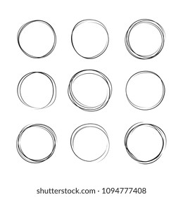 Hand drawn ink line circles vector illustration. Circular doodle sketches scribbles for round frames isolated on white with place for text. Pencil handwritten art imitation