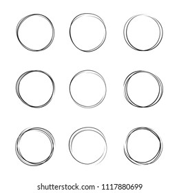 Hand drawn ink line circles vector illustration. Circular doodle sketches scribbles for round frames isolated on white with place for text. Pencil handwritten art imitation