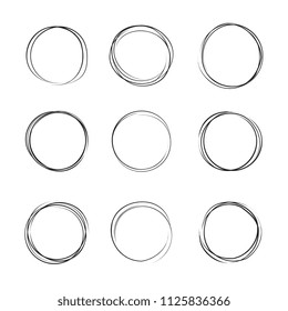 Hand drawn ink line circles vector illustration. Circular doodle sketches scribbles for round frames isolated on white with place for text. Pencil handwritten art imitation