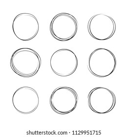 Hand drawn ink line circles vector illustration. Circular doodle sketches scribbles for round frames isolated on white with place for text. Pencil handwritten art imitation