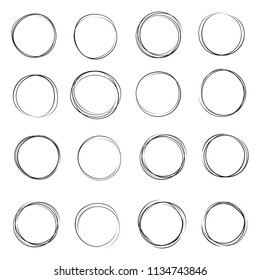Hand drawn ink line circles vector illustration. Circular doodle sketches scribbles for round frames isolated on white with place for text. Pencil handwritten art imitation