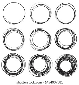 Hand drawn ink line circles or scribble circles vector collection. Circular doodle sketch scribbles or round frames isolated on white with place for text, pencil handwritten art imitation