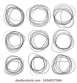 Hand drawn ink line circles or scribble circles vector collection. Circular doodle sketch scribbles or round frames isolated on white with place for text, pencil handwritten art imitation