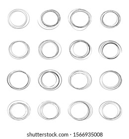 Hand drawn ink line circles or scribble circles vector collection. Circular doodle sketch scribbles or round frames isolated on white with place for text, pencil handwritten art imitation
