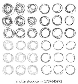 Hand drawn ink line circles or scribble circles vector collection. Circular doodle sketch scribbles or round frames isolated on white with place for text, pencil handwritten art imitation