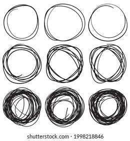 Hand drawn ink line circles or scribble circles vector collection. Circular doodle sketch scribbles or round frames isolated on white with place for text, pencil handwritten art imitation