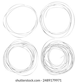 Hand drawn ink line circles, scribble circle, circular doodle sketch scribbles, round frames isolated pencil handwritten art imitation on white with copy space for text