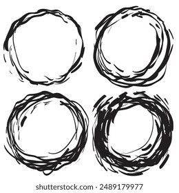 Círculos de línea de tinta dibujada a mano, círculo de garabatos, garabatos de dibujo circular, marcos redondos aislados lápiz de imitación de arte escrito a mano en blanco con espacio de copia para el texto