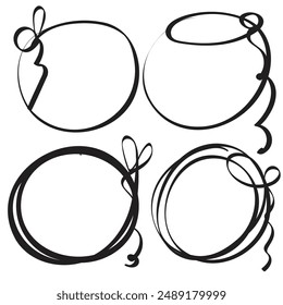 Círculos de línea de tinta dibujada a mano, círculo de garabatos, garabatos de dibujo circular, marcos redondos aislados lápiz de imitación de arte escrito a mano en blanco con espacio de copia para el texto