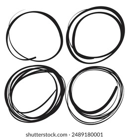 Hand drawn ink line circles, scribble circle, circular doodle sketch scribbles, round frames isolated pencil handwritten art imitation on white with copy space for text