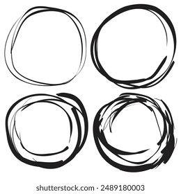 Hand drawn ink line circles, scribble circle, circular doodle sketch scribbles, round frames isolated pencil handwritten art imitation on white with copy space for text