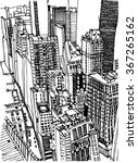 Hand drawn ink line sketch New York city, Manhattan skyscrapers. Financial district with buildings, roofs,skyscrapers, street in black white style. Ink drawing of cityscape. Bird