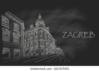Hand drawn ink line sketch of european street