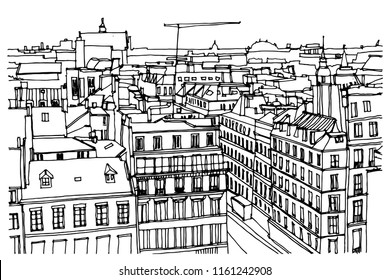 Hand drawn ink line sketch European town Paris, France  with buildings, roofs  in outline style. Ink drawing of cityscape. Panorama view. Birds eye view