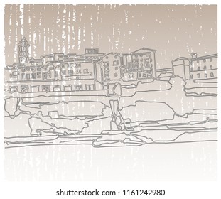 Hand drawn ink line sketch European town Bastia, France  with buildings,canal, river in outline style. Ink drawing of cityscape. Panorama perspective view.