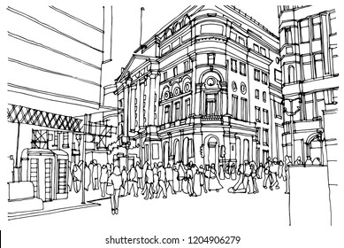 Hand drawn ink line sketch European city Paris, France  with buildings, roofs  in outline style. Ink drawing of cityscape. Perspective view.