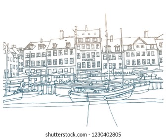 Hand drawn ink line sketch European town Amsterdam , the Netherlands with buildings, canal, boats in outline style. Ink drawing of cityscape. Street perspective view.