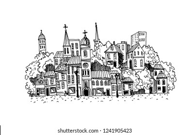 Hand drawn ink line sketch of european street