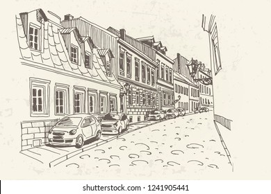 Hand drawn ink line sketch of european street
