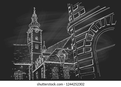 Hand drawn ink line sketch of european street. Zagreb, Croatia.