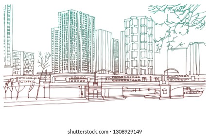 Hand drawn ink line sketch European town Paris, France  with buildings, roofs  in outline style. Ink drawing of cityscape. Perspective view.