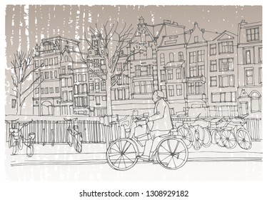 Hand drawn ink line sketch European town Amsterdam , the Netherlands with buildings, canal, bikes in outline style. Ink drawing of cityscape. Street perspective view.