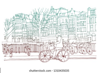 Hand drawn ink line sketch European town Amsterdam , the Netherlands with buildings, canal, bikes in outline style. Ink drawing of cityscape. Street perspective view.