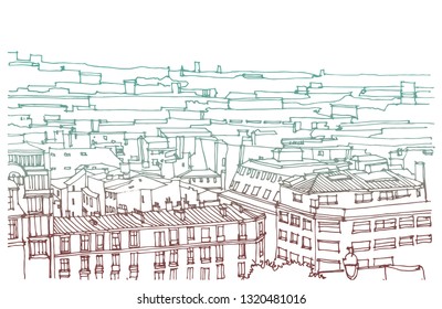 Hand drawn ink line sketch European town Paris, France  with buildings, roofs  in outline style. Ink drawing of cityscape. Birds eye view .