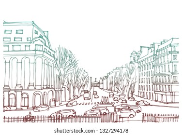 Hand drawn ink line sketch European town Paris, France  with buildings, roofs,cars  in outline style. Ink drawing of cityscape. Perspective street view .