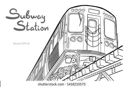 Hand drawn ink line sketch subway station, train in outline style perspective view. Vector Illustration