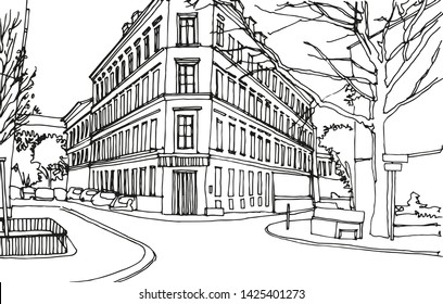 Hand drawn ink line sketch European city Paris, France  with buildings, roofs, street in outline style. Ink drawing of cityscape. Perspective view.