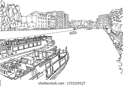 Hand drawn ink line sketch European town Amsterdam , the Netherlands with buildings, canal, boats in outline style. Ink drawing of cityscape. Street perspective view.