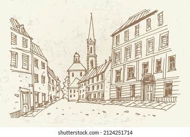 Hand drawn ink line sketch of street scene in Zagreb, Croatia.