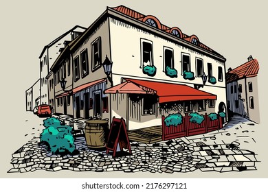 Hand drawn ink line sketch of street scene in Zagreb, Croatia.