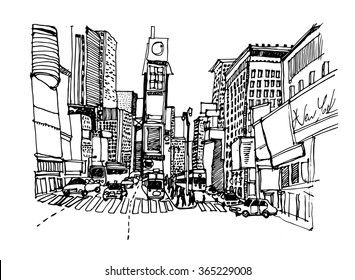 Hand drawn ink line sketch New York city. Times square with buildings,skyscrapers,  people, cars, streets in black white style. Ink drawing of city scape. 