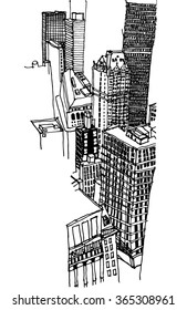 Hand drawn ink line sketch New York city, Manhattan skyscrapers. Financial district with buildings, roofs,skyscrapers, street in black white style. Ink drawing of cityscape. Bird's eye view. Bookmark.
