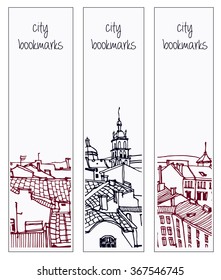 Hand drawn ink line sketch European town, historical city like Lvov. European old town with buildings, roofs in outline style. Ink drawing of cityscape. Bird's eye view. Bookmarks.Panorama perspective