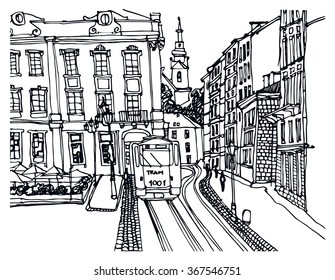 Hand drawn ink line sketch European town, historical architecture like Lvov. European old town with buildings, roofs in outline style. Ink drawing of cityscape. Street perspective view.