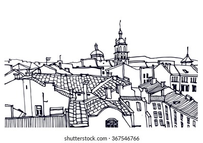 Hand Drawn Ink Line Sketch European Town, Historical Architecture Like Lvov. European Old Town With Buildings, Roofs In Outline Style. Ink Drawing Of Cityscape. Bird's Eye View. Panorama Perspective