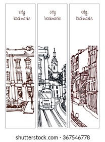 Hand drawn ink line sketch European architecture, historical city like Lvov. European old town with buildings, roofs in outline style. Ink drawing of cityscape. Bookmarks. Street perspective view.
