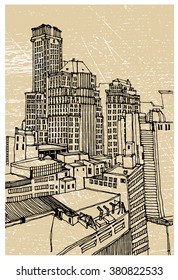 Hand drawn ink line sketch New York city, Manhattan skyscrapers. Financial district with buildings, roofs,skyscrapers, street in vintage style. Ink drawing of cityscape. Bird's eye view. 