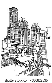 Hand drawn ink line sketch New York city, Manhattan skyscrapers. Financial district with buildings, roofs,skyscrapers, street in black white style. Ink drawing of cityscape. Bird's eye view. 