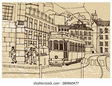 Hand drawn ink line sketch European town, historical architecture like Lvov. European old town with buildings, roofs in outline style. Ink drawing of cityscape. Scene street perspective view.