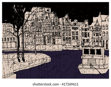 Hand drawn ink line sketch European town Amsterdam , the Netherlands with buildings, canal, boats in outline style. Ink drawing of cityscape. Street perspective view.